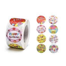 Honeyhandy Self-Adhesive Paper Stickers, for Birthday Party, Decorative Presents, Round with Word Happy Birthday, Colorful, 38mm, 500pcs/roll