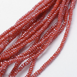 Electroplate Opaque Glass Beads Strands, Pearl Luster Plated, Faceted, Rondelle, Red, 2.5x1.5mm, Hole: 0.5mm, about 197~201pcs/strand, 12.9 inch(33cm)