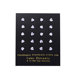 Honeyhandy Cubic Zirconia Ear Studs, with 316L Surgical Stainless Steel Bases, Grade AAA, Heart, Purple, 3x3mm, Pin: 0.8mm