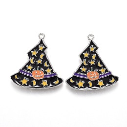 Honeyhandy Halloween Theme Witch Hat Alloy Enamel Pendants, Magic Hat with Star and Moon & Pumpkin Pattern, Platinum, 26.5x24.5x1.5mm, Hole: 1.6mm