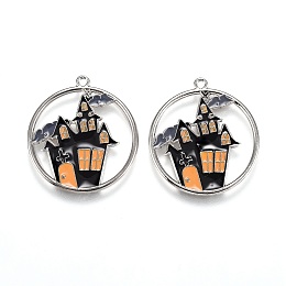 Honeyhandy Halloween Theme Alloy Enamel Pendants, Flat Round with Black Castle, Platinum, 24x22x1.5mm, Hole: 1.6mm