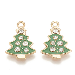 Honeyhandy Alloy Enamel Pendants, Cadmium Free & Lead Free, with Rhinestone, Christmas Trees, Light Gold, Green, 23.5x16x3mm, Hole: 2mm