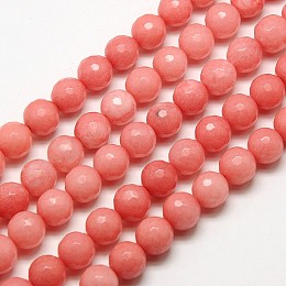 Honeyhandy Natural Malaysia Jade Bead Strands, Faceted Round Dyed Beads, Light Coral, 8mm, Hole: 1mm, about 45pcs/strand, 14.3 inch