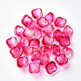 Honeyhandy 4-Petal Transparent Spray Painted Glass Bead Caps, with Glitter Powder, Flower, Deep Pink, 11.5x11.5x7mm, Hole: 1.6mm