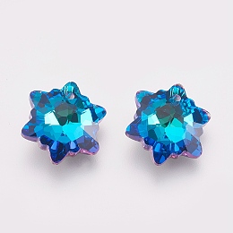 K9 Glass Rhinestone Pendants, Imitation Austrian Crystal, Faceted, Snowflake, Bermuda Blue, 14x14mm, Hole: 1.6mm