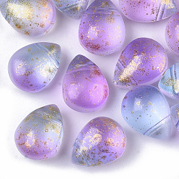 Honeyhandy Two Tone Transparent Spray Painted Glass Beads, Top Drilled Beads, with Glitter Powder, Frosted, Teardrop, Orchid, 12.5x9.5x7mm, Hole: 1mm