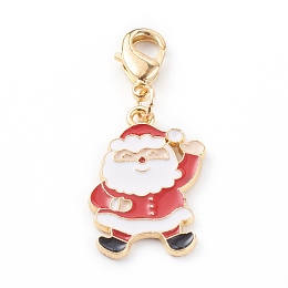 Honeyhandy Christmas Themed Alloy Enamel Pendants, with Brass Lobster Claw Clasps, Santa Claus, Colorful, 37mm