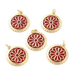 ARRICRAFT Real 18K Gold Plated Brass Pendants, with Enamel, Long-Lasting Plated, Flat Round with Flower, Red, 22.5x19.5x2mm, Jump Ring: 5x1mm, 3mm Inner Diameter