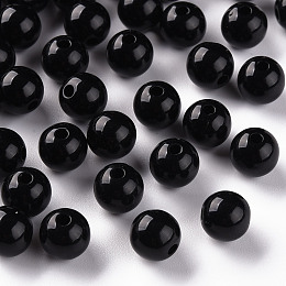 Honeyhandy Opaque Acrylic Beads, Round, Black, 8x7mm, Hole: 2mm