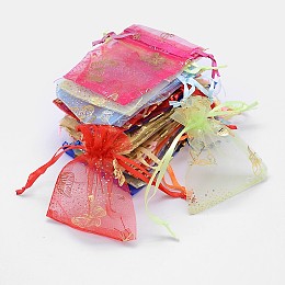 Honeyhandy Gold Stamping Butterfly Rectangle Organza Gift Bags, Jewelry Packing Drawable Pouches, Mixed Color, 9x7cm