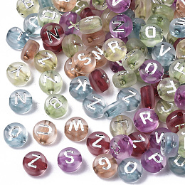 Honeyhandy Transparent Acrylic Beads, Horizontal Hole, Flat Round with Silver Plated Letter, Mixed Color, 7x4mm, Hole: 1.5mm