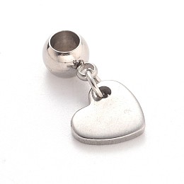 Honeyhandy Heart 304 Stainless Steel European Large Hole Dangle Charms, Stainless Steel Color, 20mm, Hole: 4mm