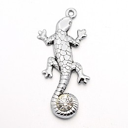 Honeyhandy Alloy Grade A Rhinestone Big Pendants, Gecko/Lizard, Antique Silver, 53x23x3mm, Hole: 2mm