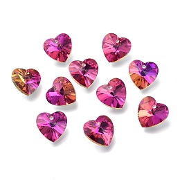 Honeyhandy Faceted Glass Charms, Heart, Back Plated, Magenta, 14x14x7.5mm, Hole: 1.4mm