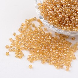 Honeyhandy Round Glass Seed Beads, Trans. Colours Lustered, Pale Goldenrod, Size: about 3mm in diameter, hole: 1mm, about 1097pcs/50g