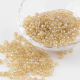 Honeyhandy Round Glass Seed Beads, Trans. Colours Lustered, Pale Goldenrod, Size: about 4mm in diameter, hole: 1.5mm, about 496pcs/50g