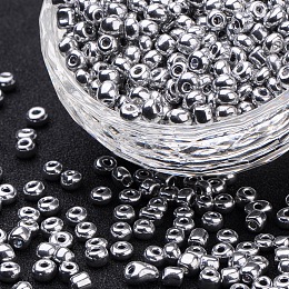 Honeyhandy Electroplate Glass Seed Beads, Round Hole Rocailles, Silver, 3.5~5.5x2.5~6.8mm, Hole: 1mm