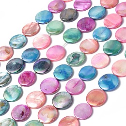 Honeyhandy Natural Freshwater Shell Beads Strands, Dyed, AB Color Plated, Flat Round, Colorful, 15x2~3mm, Hole: 1mm, about 25~26pcs/strand, 14.57 inch(37cm)