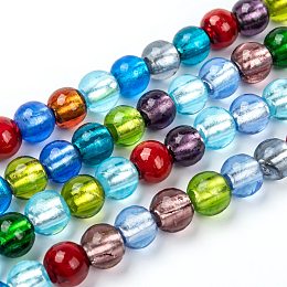 Honeyhandy Handmade Silver Foil Glass Beads Strands, Round, Mixed Color, about 10mm in diameter, hole: 1.2mm, about 40pcs/strand, 14 inch