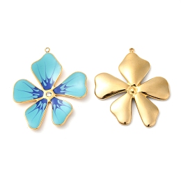 Honeyhandy 304 Stainless Steel Enamel Pendants, with Rhinestones, Real 18K Gold Plated, Flower Charm, Light Sky Blue, 37.5x33x3mm, Hole: 1.4mm