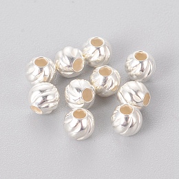 Honeyhandy Sterling Silver Corrugated Spacer Beads, Round, Silver, 4x3.5mm, Hole: 1mm