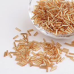 Glass Bugle Beads, Seed Beads, Goldenrod, Silver-Lined, about 1.8mm in diameter, 6mm long, hole: 0.6mm; 1250pcs/50g