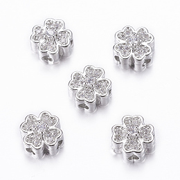 Rack Plating Brass Micro Pave Cubic Zirconia Beads, Flower, Clear, Real Platinum Plated, 8x5mm, Hole: 1.5mm