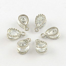 Honeyhandy Teardrop Alloy Charms, with Cubic Zirconia, Platinum, 13x8x6mm, Hole: 1mm