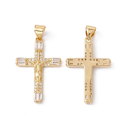 Honeyhandy Rack Plating Brass Micro Pave Cubic Zirconia Pendants,  Cadmium Free & Nickel Free & Lead Free, Real 18K Gold Plated, Crucifix Cross, Clear, 28x18x2mm, Hole: 5x3.5mm