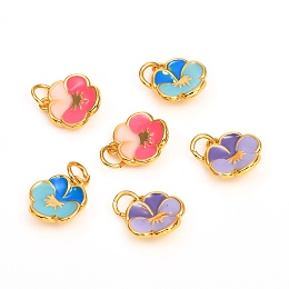 Honeyhandy Brass Enamel Charms, Long-Lasting Plated, Flower, Real 18K Gold Plated, Mixed Color, 12x10.5x3.5mm, Hole: 3mm