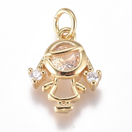 Honeyhandy Brass Micro Pave Cubic Zirconia Pendants, with Jump Ring, Long-Lasting Plated, Girl, Clear, Golden, 11.5x9.5x3mm, Hole: 3mm