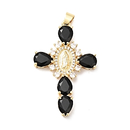 Honeyhandy Rack Plating Brass Micro Pave Cubic Zirconia Pendants, Cadmium Free & Lead Free, Real 18K Gold Plated, Cross with Saint, Black, 45.5x29x6mm, Hole: 4x6mm