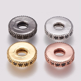 Brass Micro Pave Cubic Zirconia Bead Spacers, Flat Round, Black, Mixed Color, 10x2mm, Hole: 3.5mm