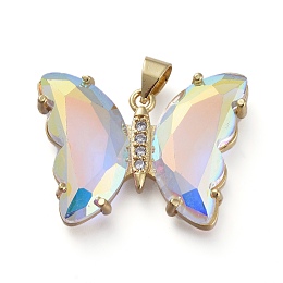 Honeyhandy Brass Micro Pave Clear Cubic Zirconia Pendants, with Glass, Butterfly, Golden, Clear AB, 20x26.5x5mm