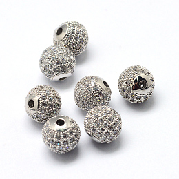 Honeyhandy Rack Plating Brass Cubic Zirconia Beads, Long-Lasting Plated, Round, Platinum, 9.5~10x9~9.5mm, Hole: 2mm