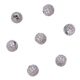 NBEADS 10pcs 8mm Brass Clear Crystal Cubic Zirconia CZ Stones Pave Micro Setting Disco Ball Spacer Beads, Round Bracelet Connector Charms Beads for Jewelry Making