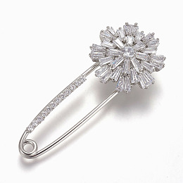 BEEBEECRAFT Brass Micro Pave Cubic Zirconia Pins Being Jewelry, Flower, Clear, Platinum, 58x24mm, Pin: 1.5mm