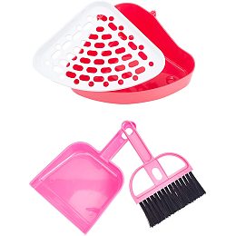 Plastic Small Animal Triangle Toilet Trainer Corner, with Mini Broom Brush and Dustpan Set, for Small Animal, Hot Pink, 10x24x17cm