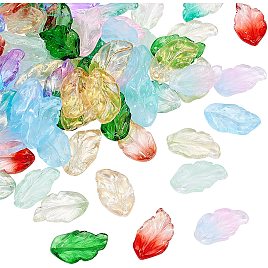 BENECREAT 100Pcs 29x17mm Leaf Spray Painted Glass Pendants, Rainbow Color Leaf Charms with Plastic Storage Box for Jewelry Making - Hole, 1.4mm