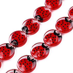 Transparent Acrylic Beads Strands, with Enamel, Flat Round with Ladybird, Red, 15x5mm, Hole: 1.2mm, about 35pcs/strand, 20.67 inch(52.5cm)