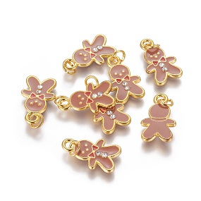 Honeyhandy Alloy Enamel Pendants, Cadmium Free & Lead Free, with Rhinestone, Lovely Christmas Gingerbread Man, Nice for Holiday Jewelry Making, Golden Color, Brown, about 11mm wide, 22mm long,1.5mm thick, hole:3mm