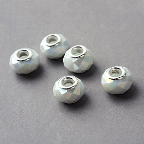 Honeyhandy Electroplated Glass European Beads, Large Hole Beads, with Brass Cores, Silver Color Plated, Imitation Jade, Faceted Rondelle, Creamy White, 14x9.5mm, Hole: 5mm