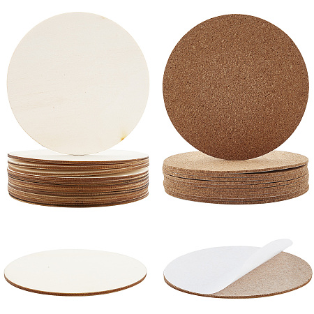 GORGECRAFT Flat Round Shape Unfinished Wood Slices, with Cork Insulation Sheets, BurlyWood, 24pcs/set