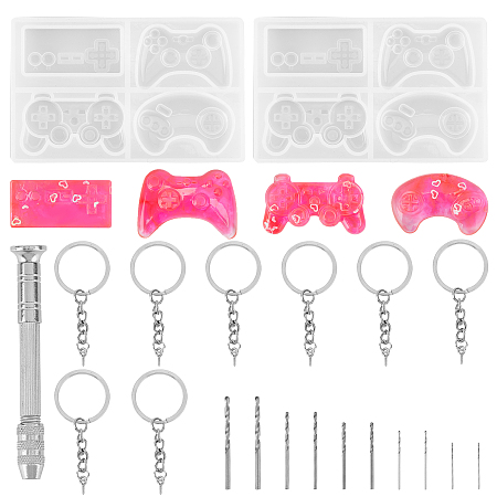 Olycraft DIY Keychain Makings Kits, Includes Gamepad Silicone Molds, Stainless Steel Hand Drill Bits Rotary Tools Set and Iron Split Key Rings, Clear, 21pcs/bag
