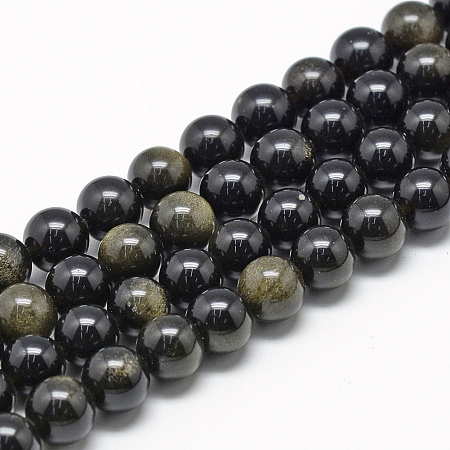 Arricraft Natural Golden Sheen Obsidian Beads Strands, Grade AB, Round, 6~7mm, Hole: 1mm, about 60~67pcs/strand, 15.7 inches