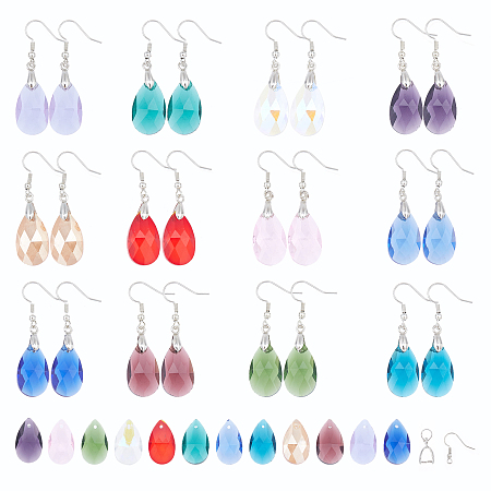 SUNNYCLUE DIY Dangle Earring Making, with Brass Earring Hooks & Ice Pick Pinch Bails, Faceted Glass Pendants, Teardrop, Mixed Color, 74x72x17mm