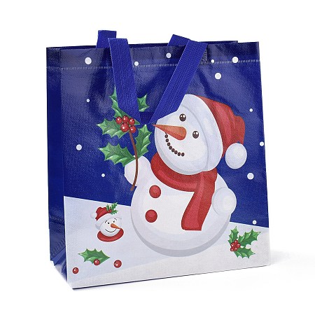 Honeyhandy Christmas Theme Laminated Non-Woven Waterproof Bags, Heavy Duty Storage Reusable Shopping Bags, Rectangle with Handles, Dark Blue, Snowman Pattern, 26.8x12.2x28.7cm