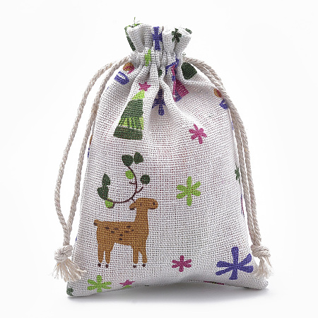 Arricraft Polycotton(Polyester Cotton) Packing Pouches Drawstring Bags, with Printed Christmas Theme, OldLace, 14x10cm