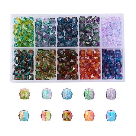 Transparent Spray Painted Crackle Acrylic Beads, Two Tone, Faceted, Polygon, Mixed Color, 10x10x9.5mm, Hole: 1.8mm; about 25pcs/color, 250pcs/box