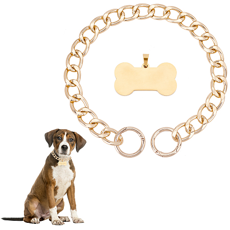 AHANDMAKER DIY Dog Tag Making Kits, Including Aluminum Cable Chain Dog Collar & 304 Stainelss Steel Pendants, Golden, 2pcs/set